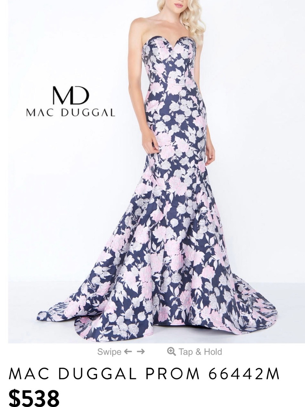 Mac Duggal Midnight Floral Strapless Mermaid Gown in Navy and Light Pink
